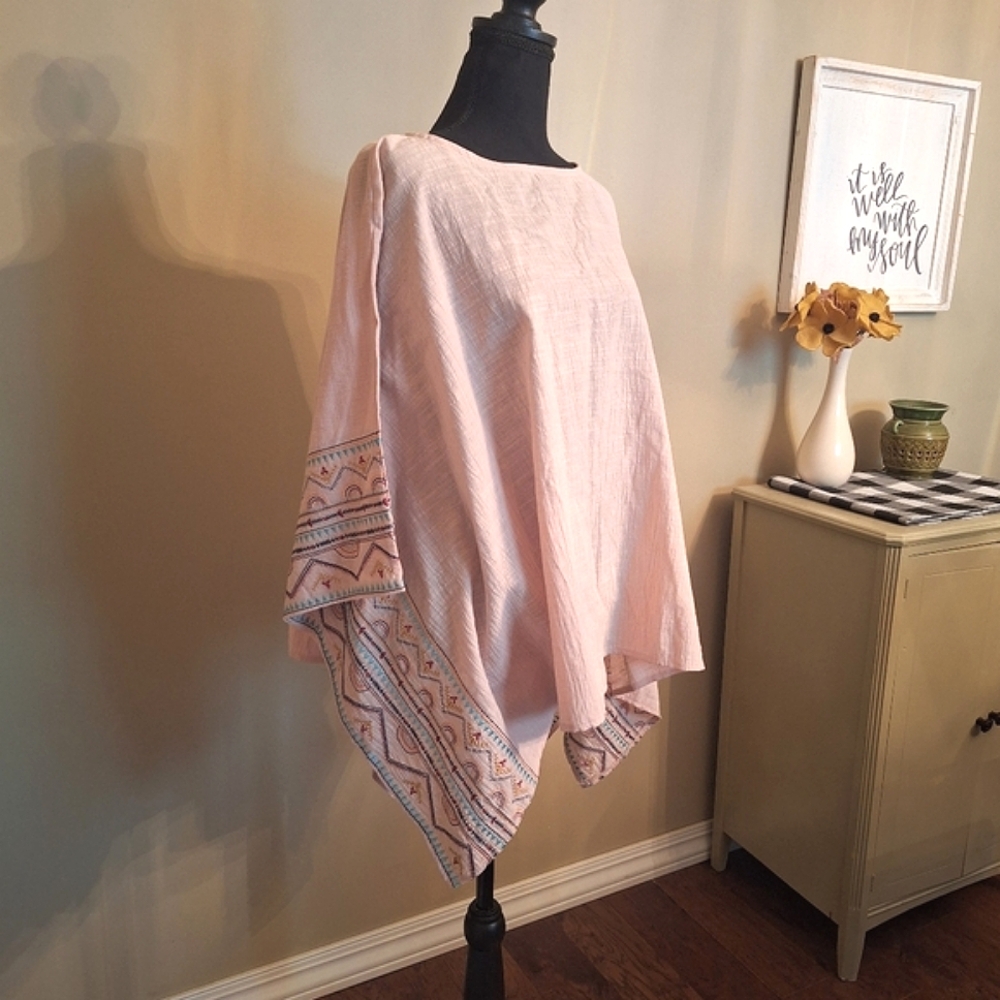 NWT EASEL pastel pink tunic top gauzy poncho Hippie Boho embroidered
